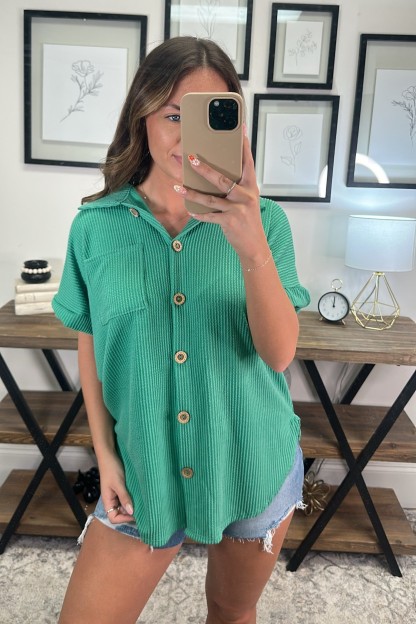 Ribbed Button Down Pocket Shirt Top