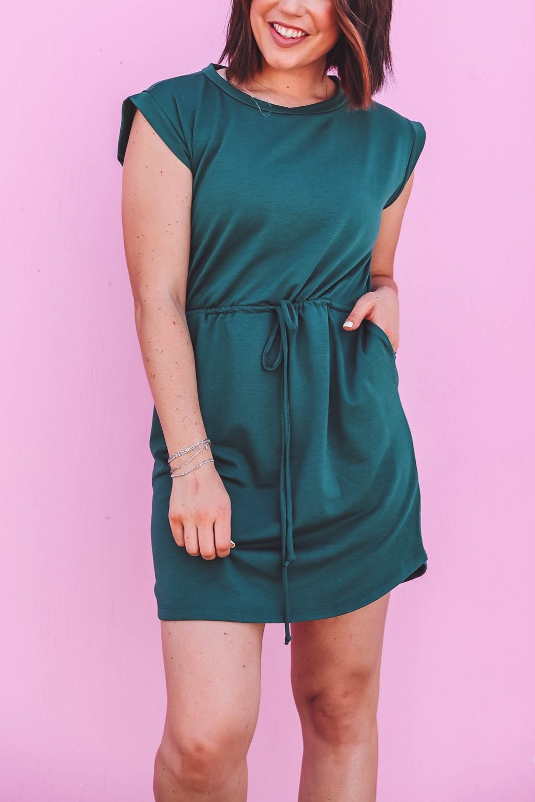 HOT SALE Round Neck Short Sleeve Waist Tie Pocket Mini Dress