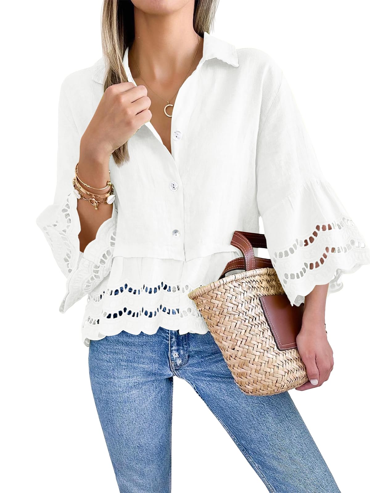 2024 Chic Ruffle Hem Blouse with Hollow Out Design(Buy 2 Free Shipping）