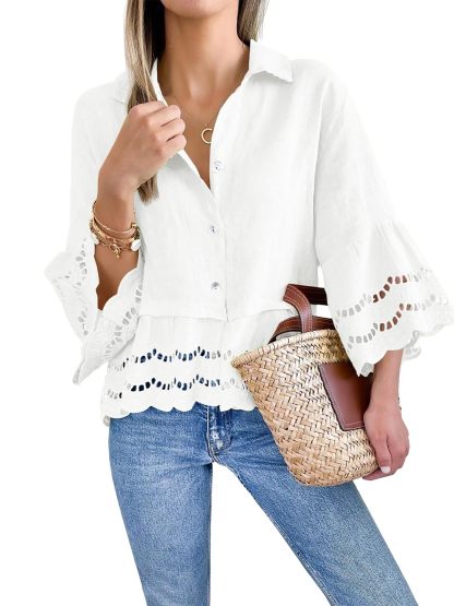2024 Chic Ruffle Hem Blouse with Hollow Out Design(Buy 2 Free Shipping）