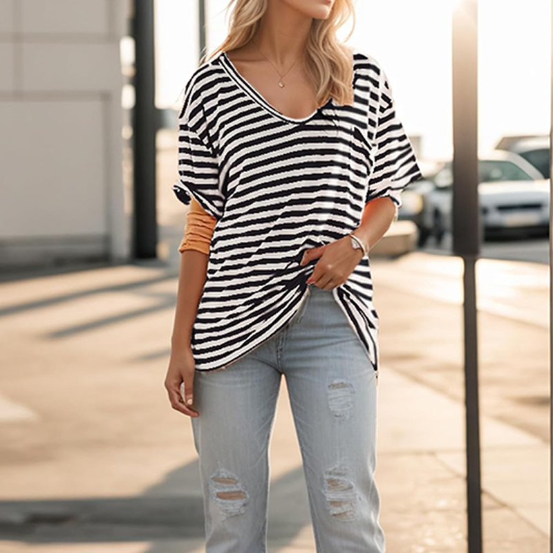 NEW 2024 Women Oversized Deep V Neck Striped Shirt✨Buy 2 Free Shipping