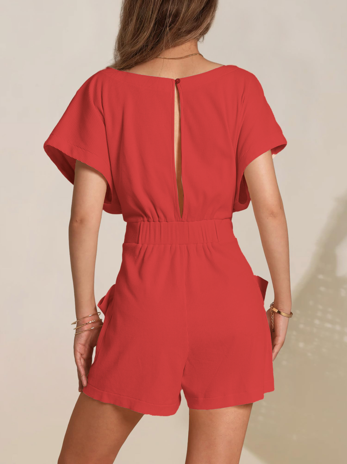 Crew Neck Knitted Lace-up Short Sleeves