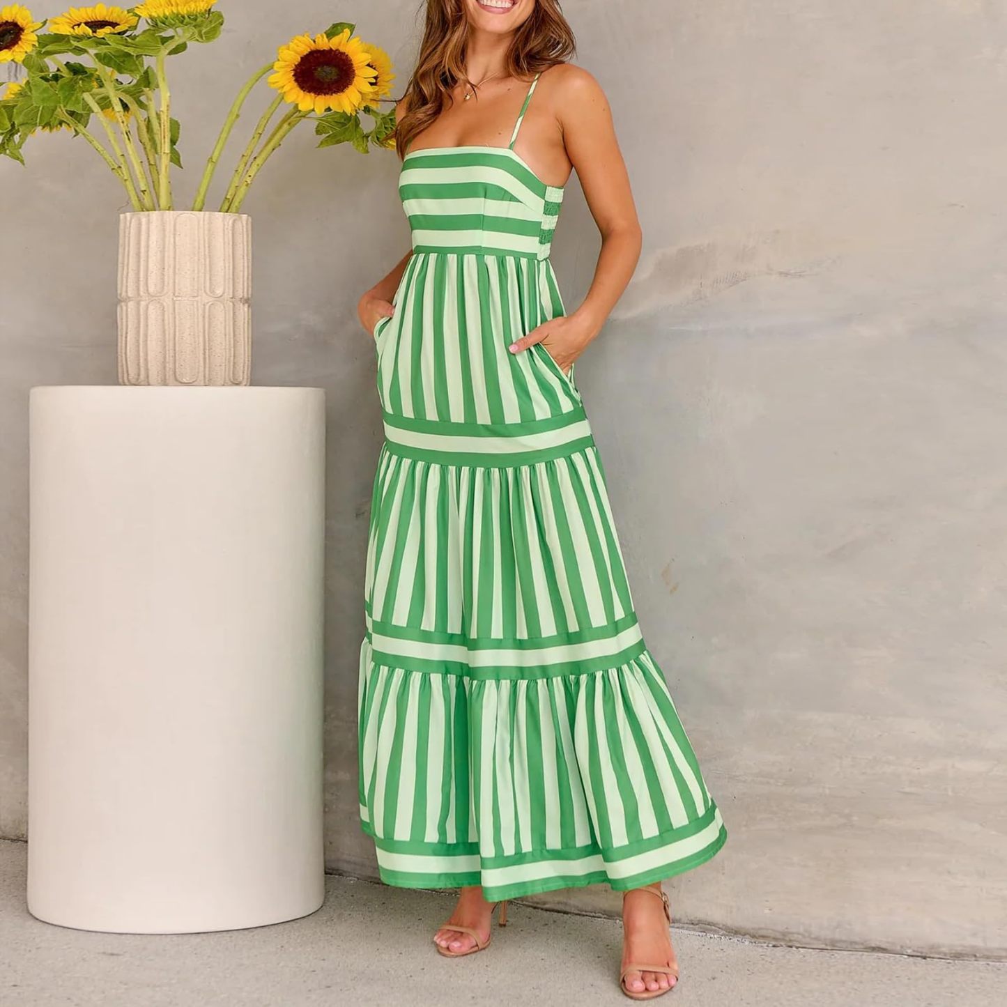 Women Striped Backless  Long Flowy Dress