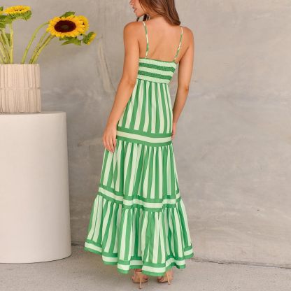 Women Striped Backless  Long Flowy Dress