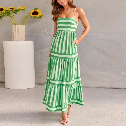 Women Striped Backless  Long Flowy Dress