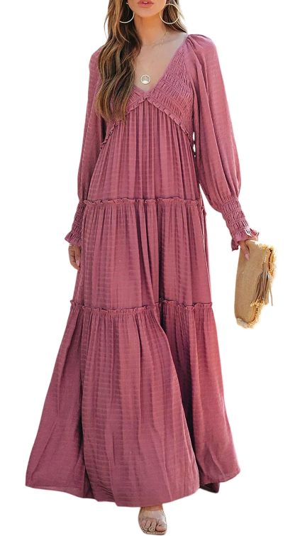 Women Long Sleeve V Neck Boho Casual Flowy Long Dresses