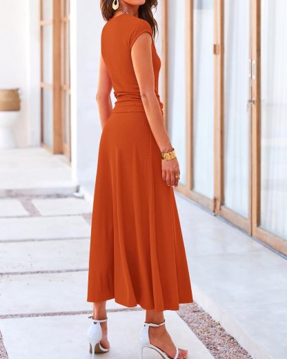 Casual Cropped Top Elastic Waist Swing Midi Skirts Set