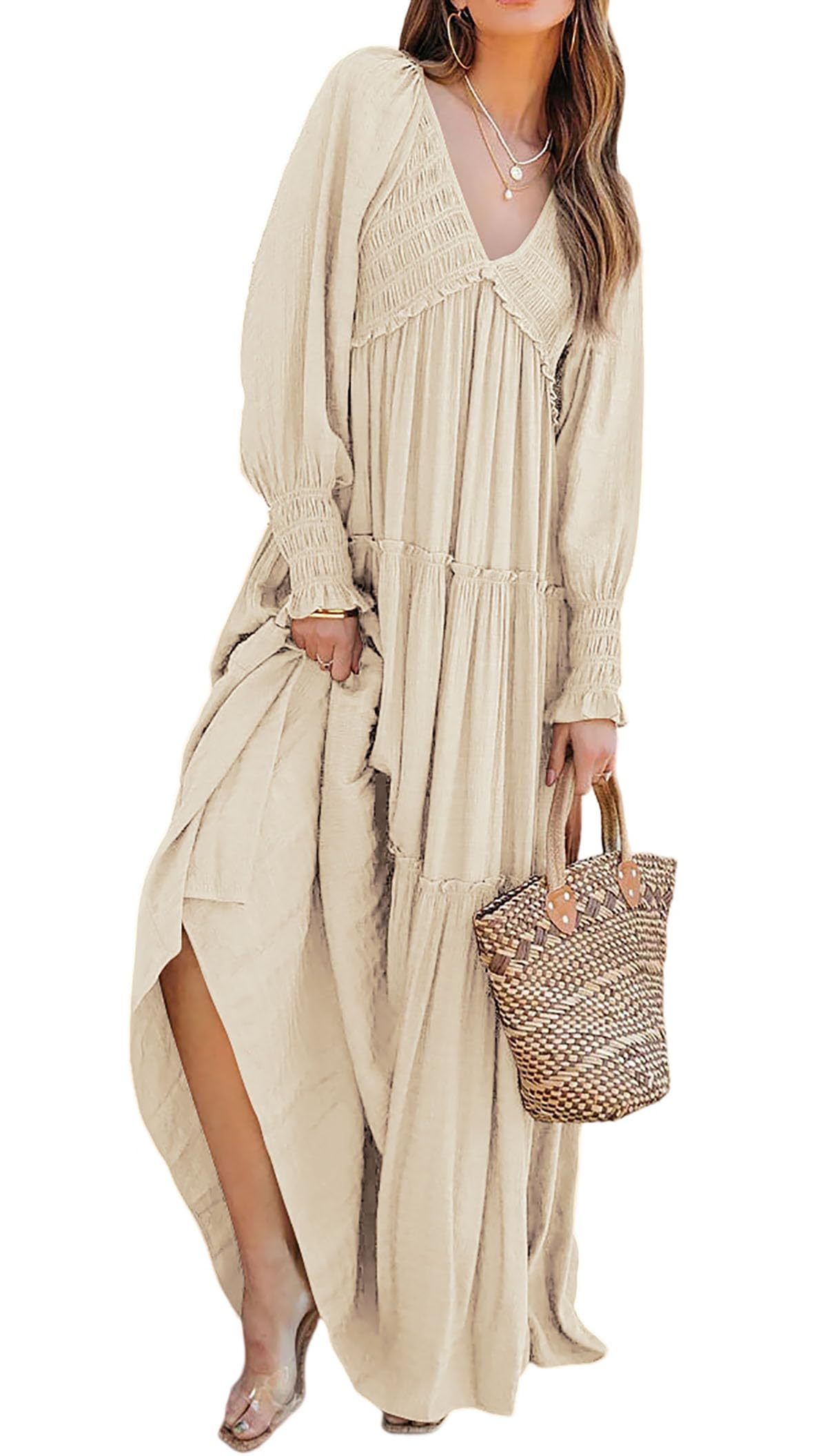 Women Long Sleeve V Neck Boho Casual Flowy Long Dresses