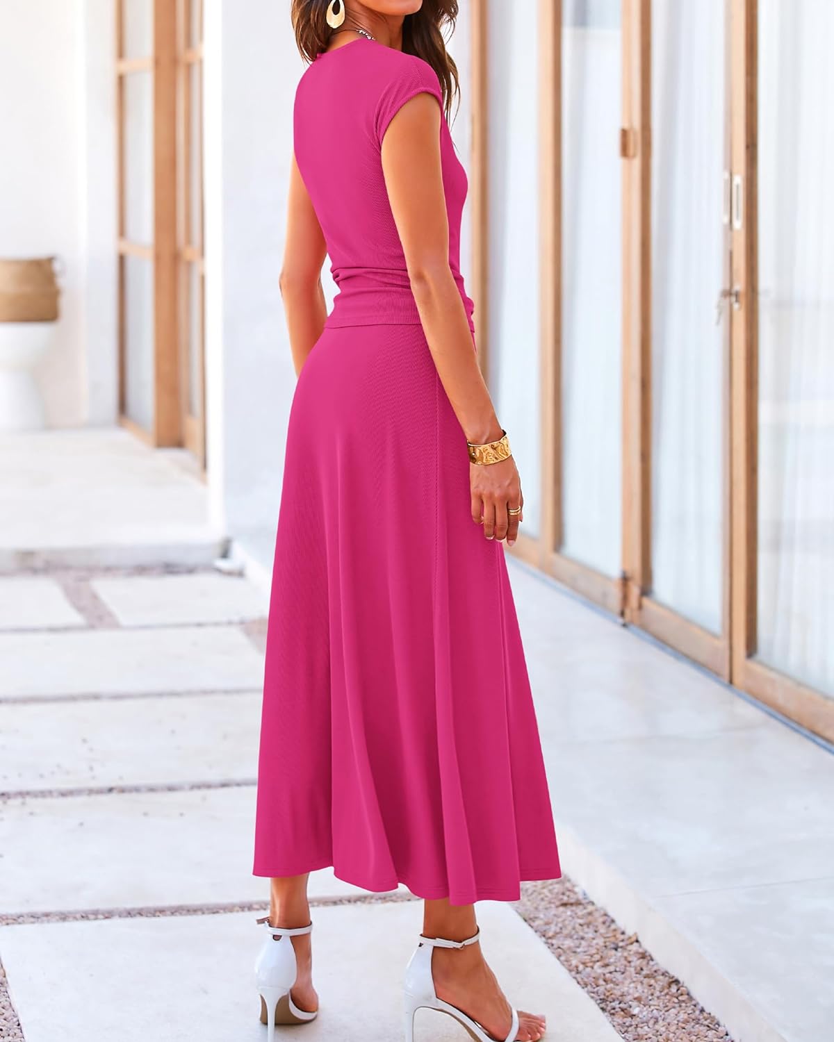 Casual Cropped Top Elastic Waist Swing Midi Skirts Set