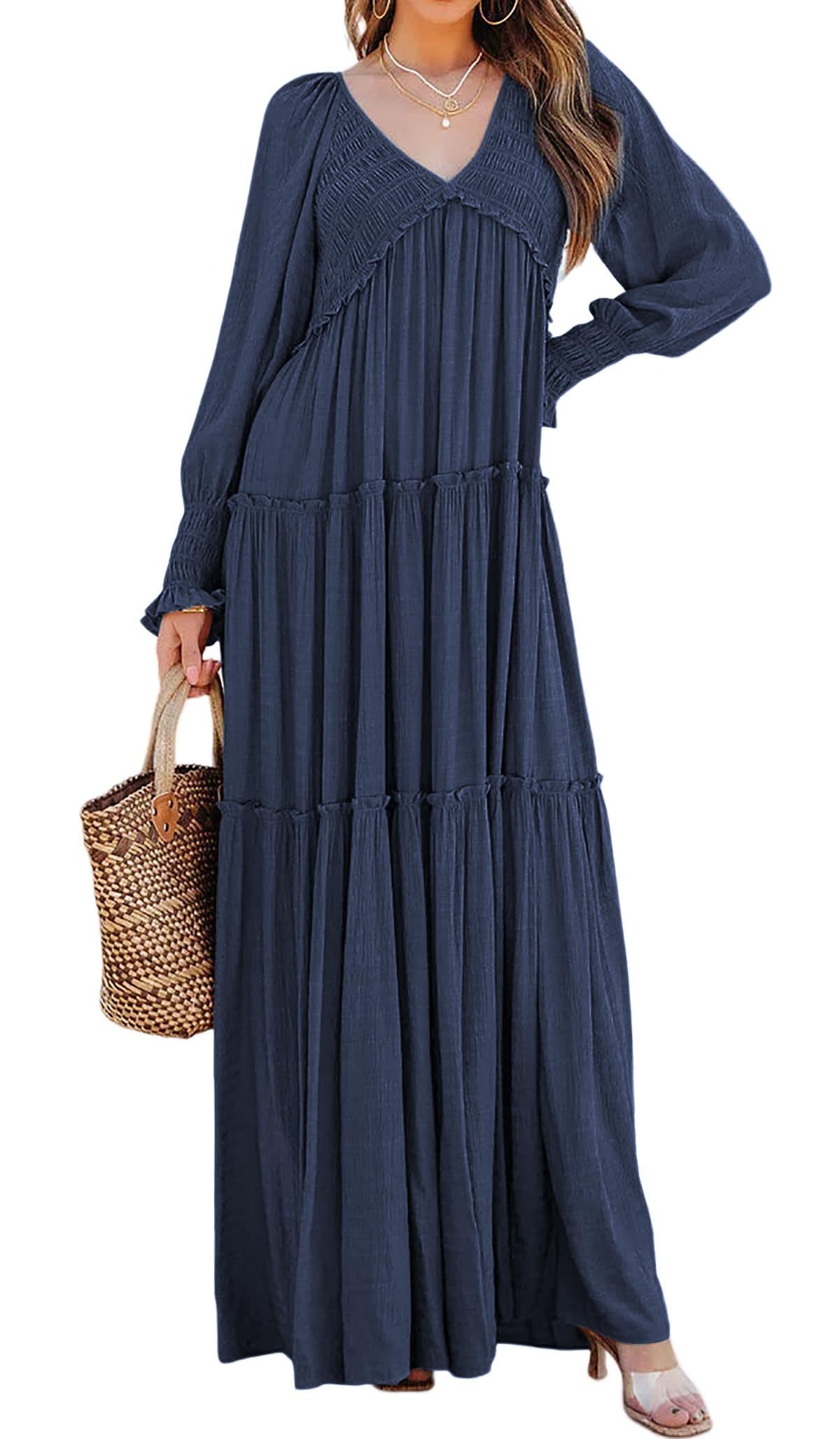 Women Long Sleeve V Neck Boho Casual Flowy Long Dresses