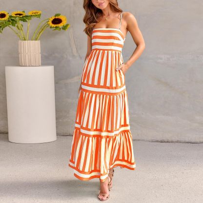 Women Striped Backless  Long Flowy Dress