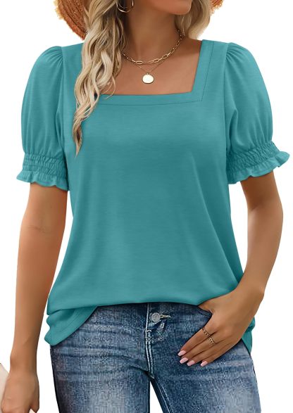 Women Summer Casual Ruffle Trim Sleeve Square Neck T Shirts