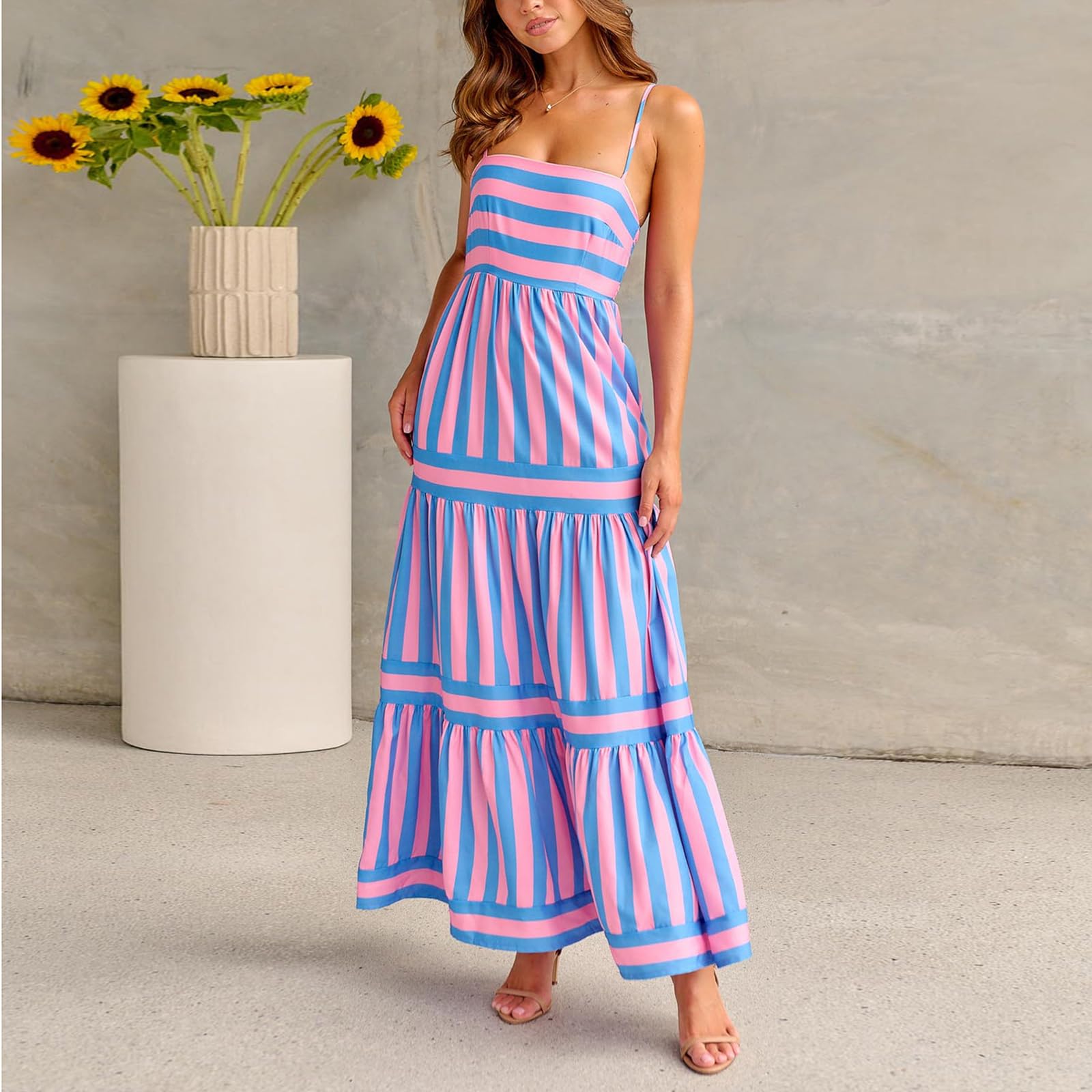 Women Striped Backless  Long Flowy Dress
