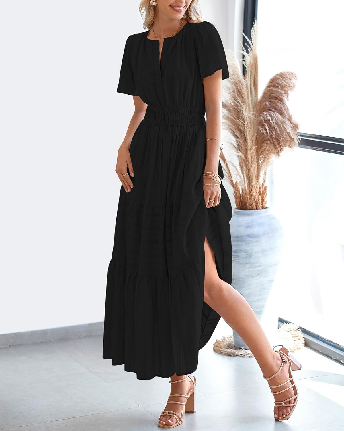 Womens Summer Lightweight Short Sleeve V Casual Midi Maxi Dresses