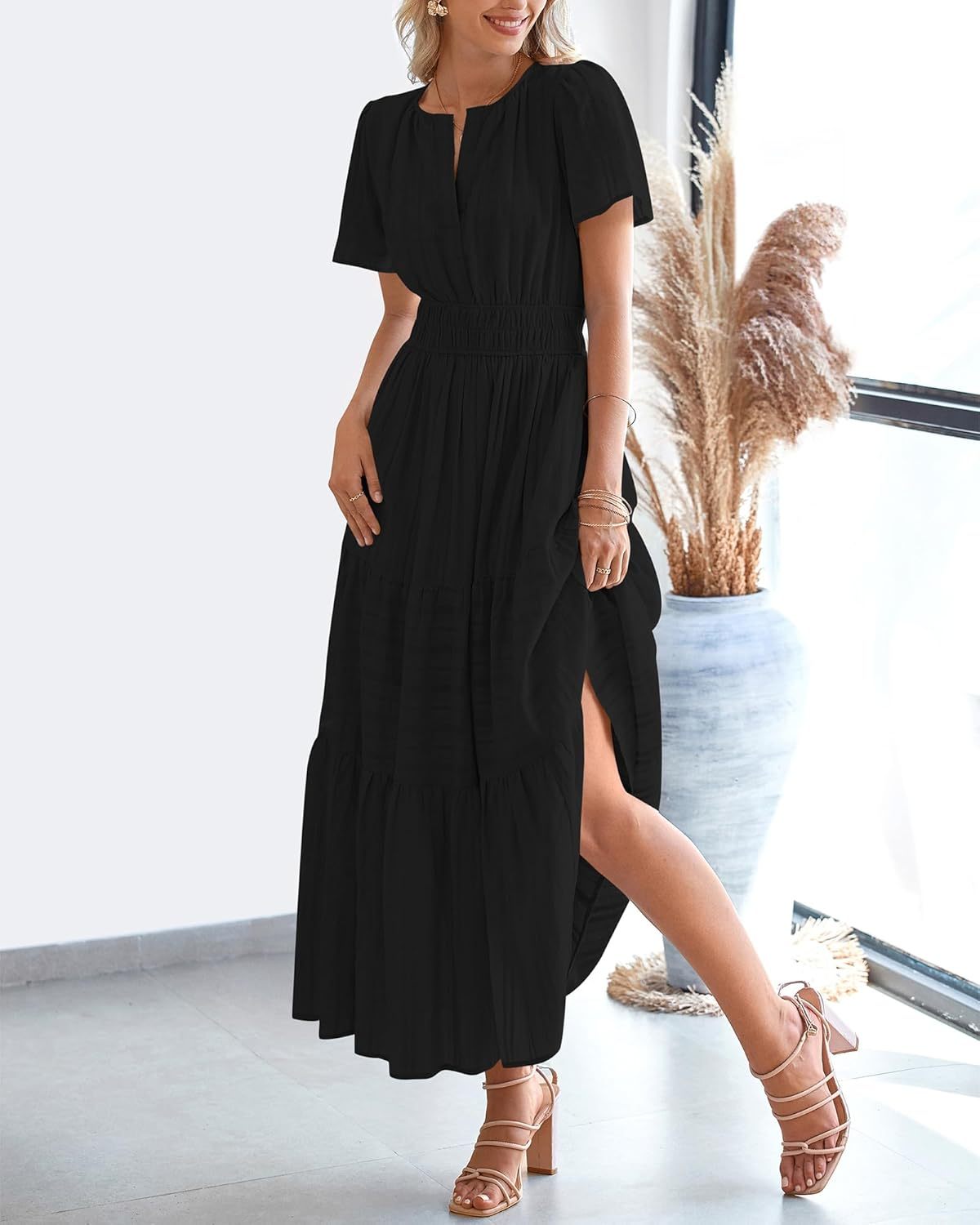 Womens Summer Lightweight Short Sleeve V Casual Midi Maxi Dresses