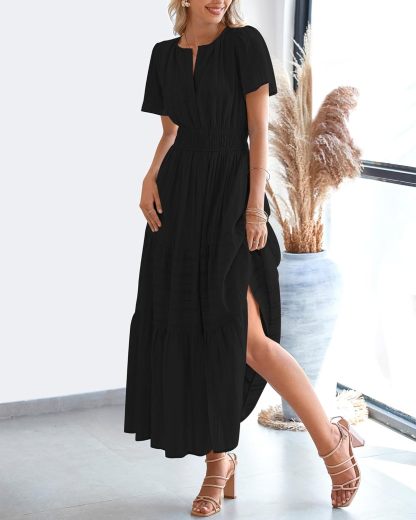Womens Summer Lightweight Short Sleeve V Casual Midi Maxi Dresses