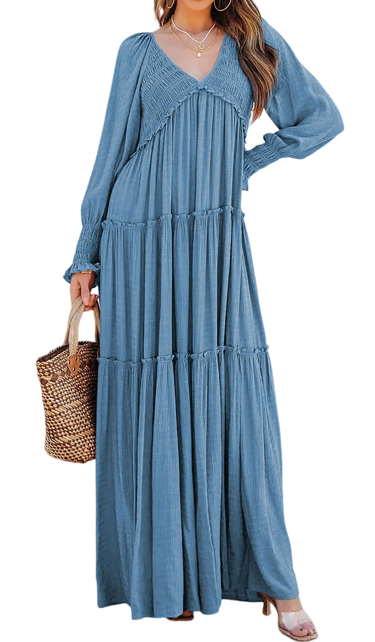 Women Long Sleeve V Neck Boho Casual Flowy Long Dresses