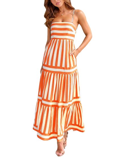 Women Striped Backless  Long Flowy Dress