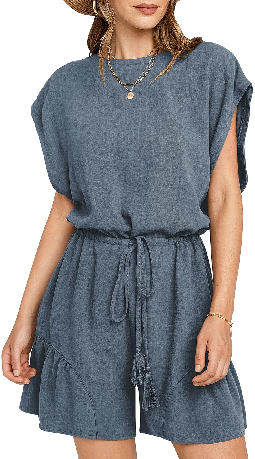 Women's Summer Casual Linen Romper with Drawstring