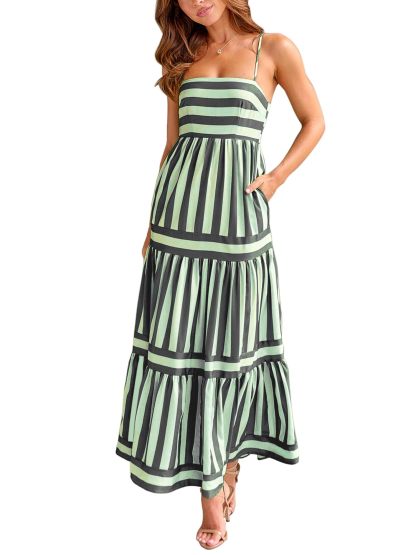 Women Striped Backless  Long Flowy Dress