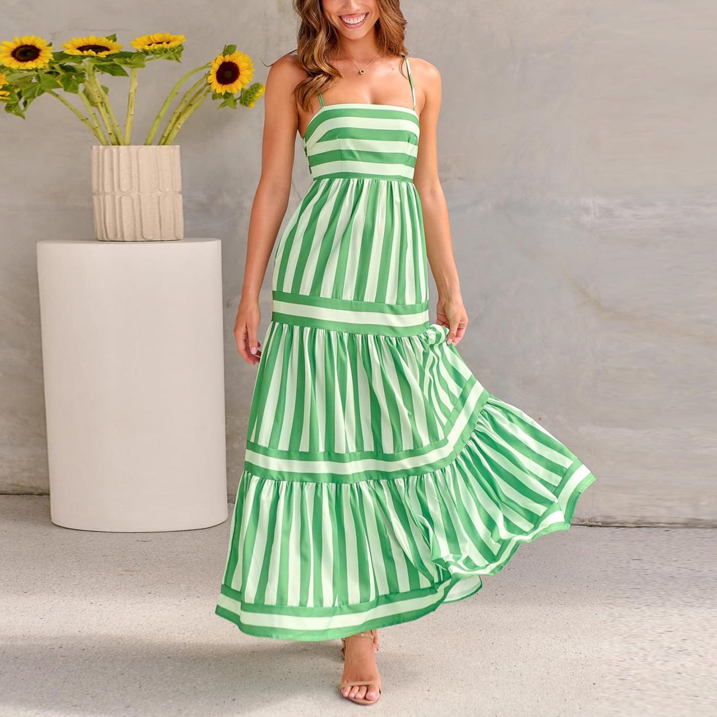 Women Striped Backless  Long Flowy Dress