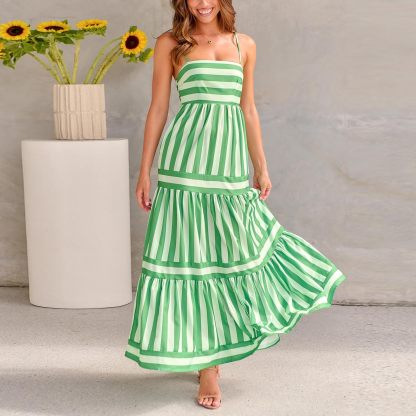 Women Striped Backless  Long Flowy Dress