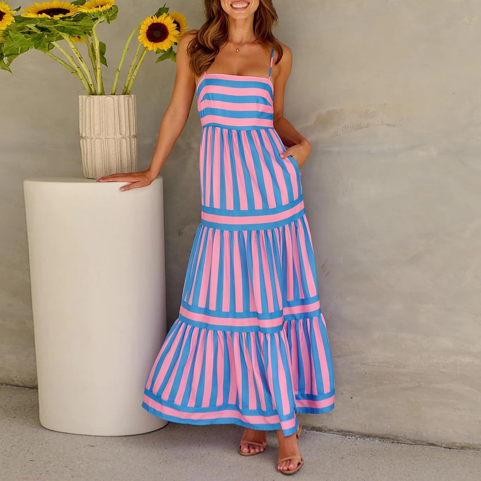 Women Striped Backless  Long Flowy Dress