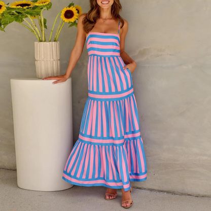 Women Striped Backless  Long Flowy Dress