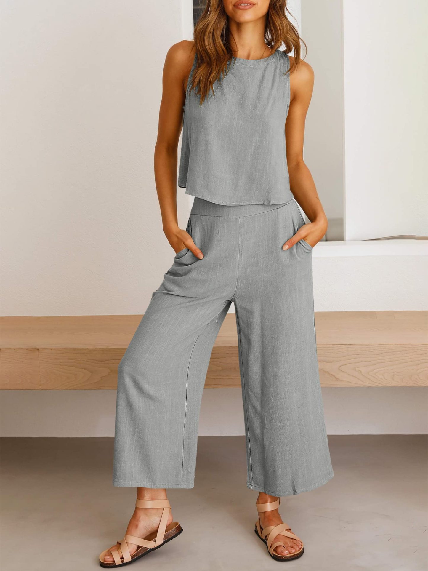 Women's Summer 2 Piece Outfits Sleeveless Crop Top Capri