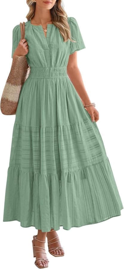 Womens Summer Lightweight Short Sleeve V Casual Midi Maxi Dresses