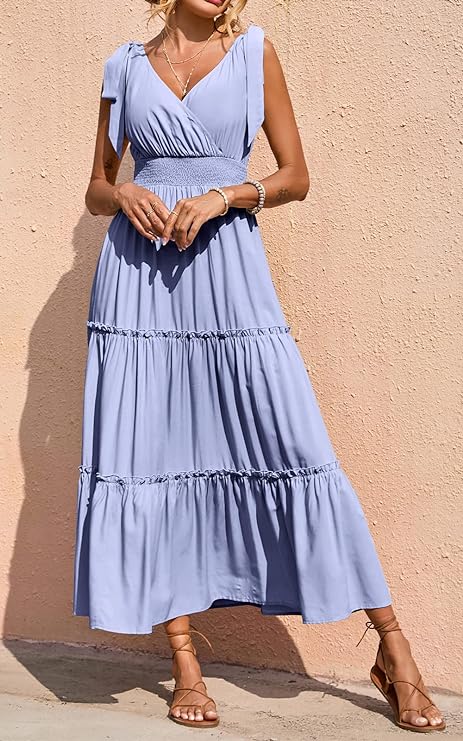 New🔥Women's Cross Neck Summer Sleeveless Tiered Maxi Dress💝-hivebabe.com