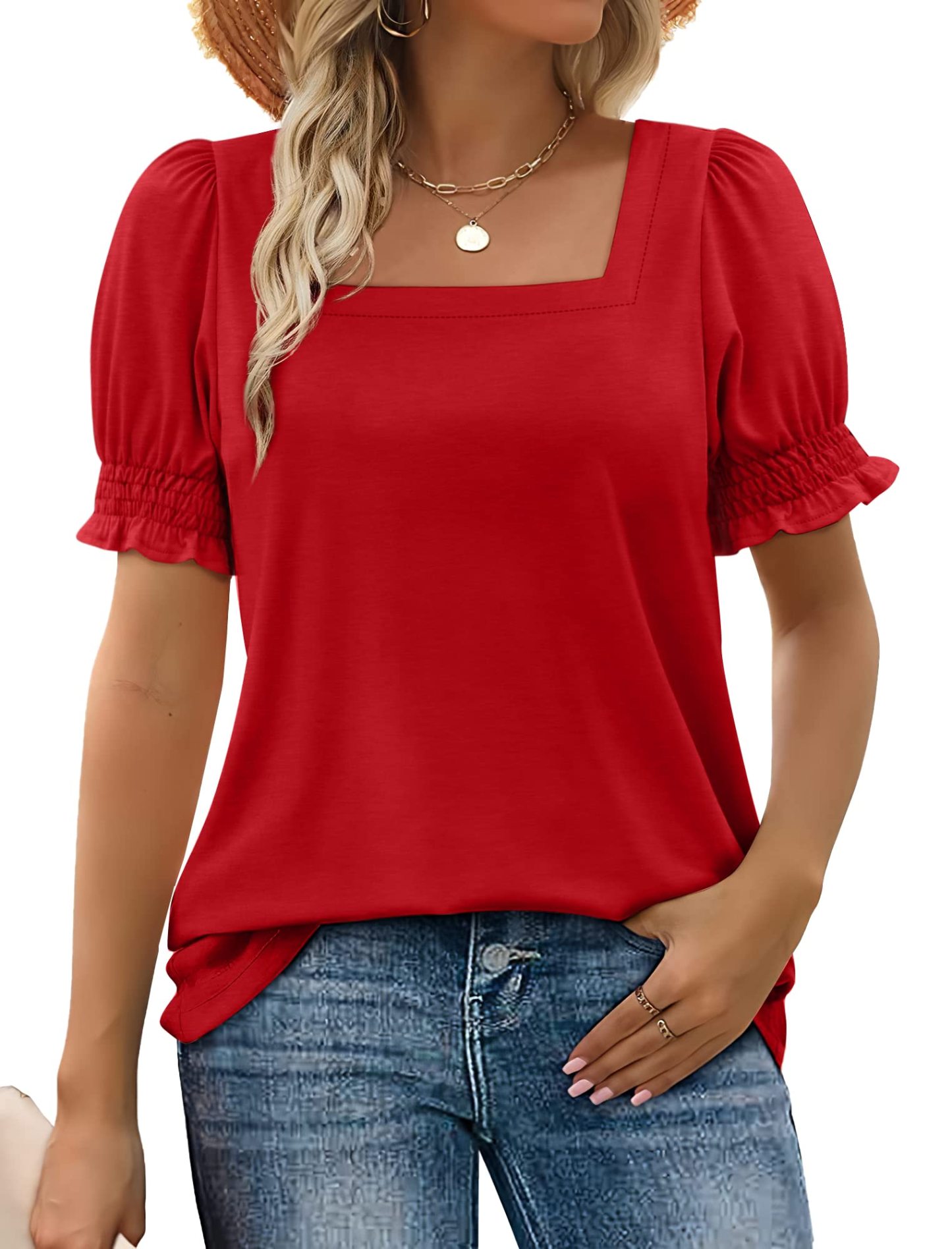 Women Summer Casual Ruffle Trim Sleeve Square Neck T Shirts