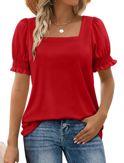 Women Summer Casual Ruffle Trim Sleeve Square Neck T Shirts