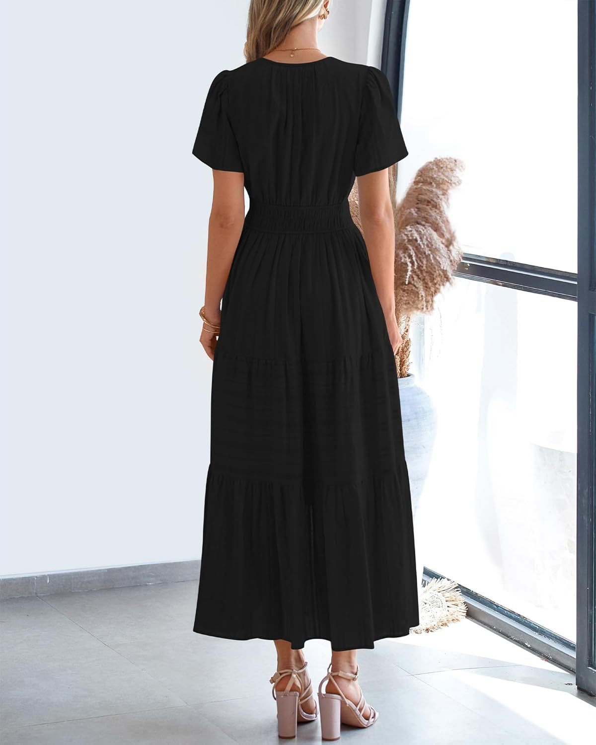 Womens Summer Lightweight Short Sleeve V Casual Midi Maxi Dresses