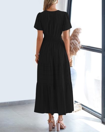 Womens Summer Lightweight Short Sleeve V Casual Midi Maxi Dresses