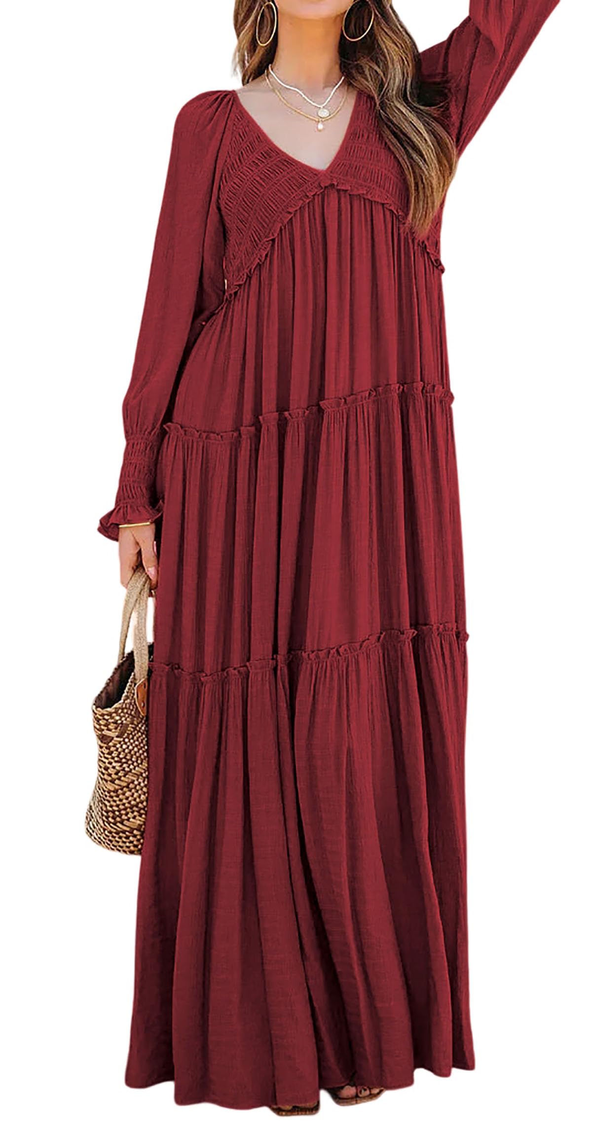 Women Long Sleeve V Neck Boho Casual Flowy Long Dresses