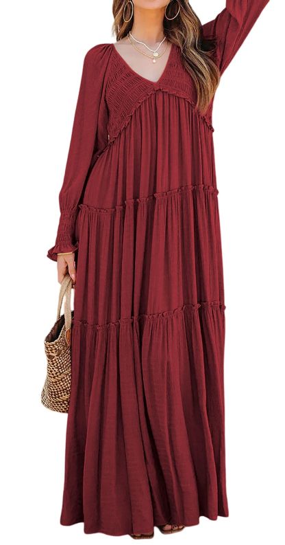 Women Long Sleeve V Neck Boho Casual Flowy Long Dresses