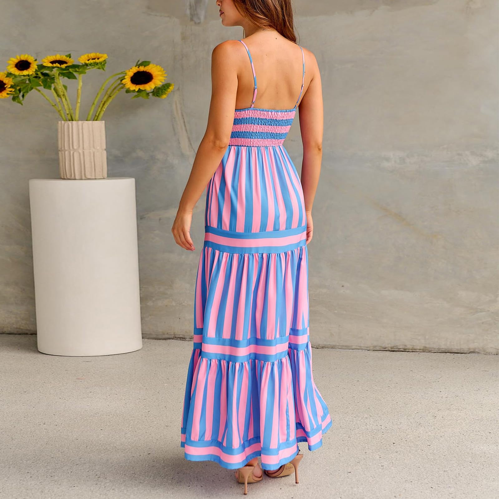 Women Striped Backless  Long Flowy Dress