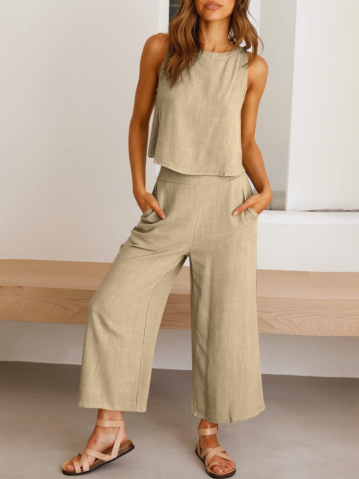 Women's Summer 2 Piece Outfits Sleeveless Crop Top Capri