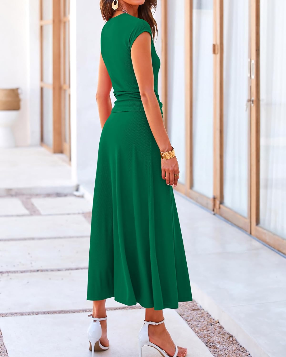 Casual Cropped Top Elastic Waist Swing Midi Skirts Set