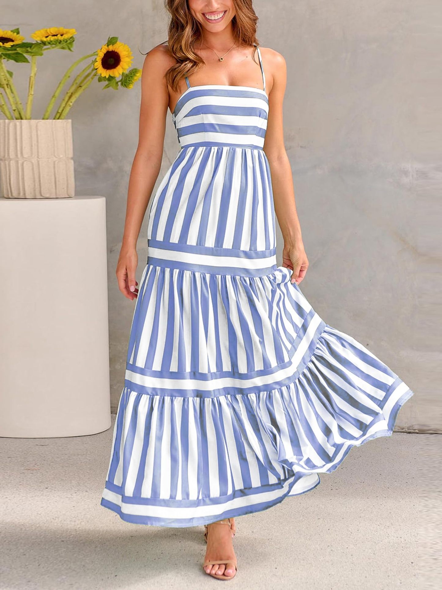 Women Striped Backless  Long Flowy Dress