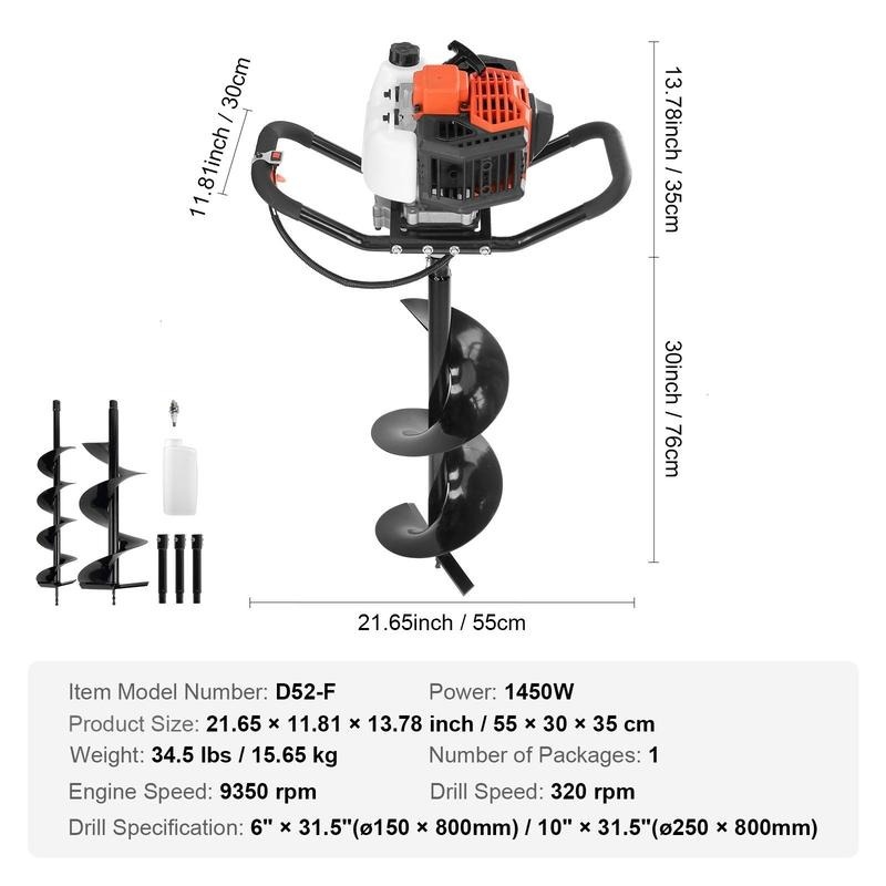 Post Hole Digger, 52cc 1450W Auger Post Hole Digger, Gas Powered Earth Digger with Two Earth Auger Drill Bit 6" & 10" and 3 Extension Rods