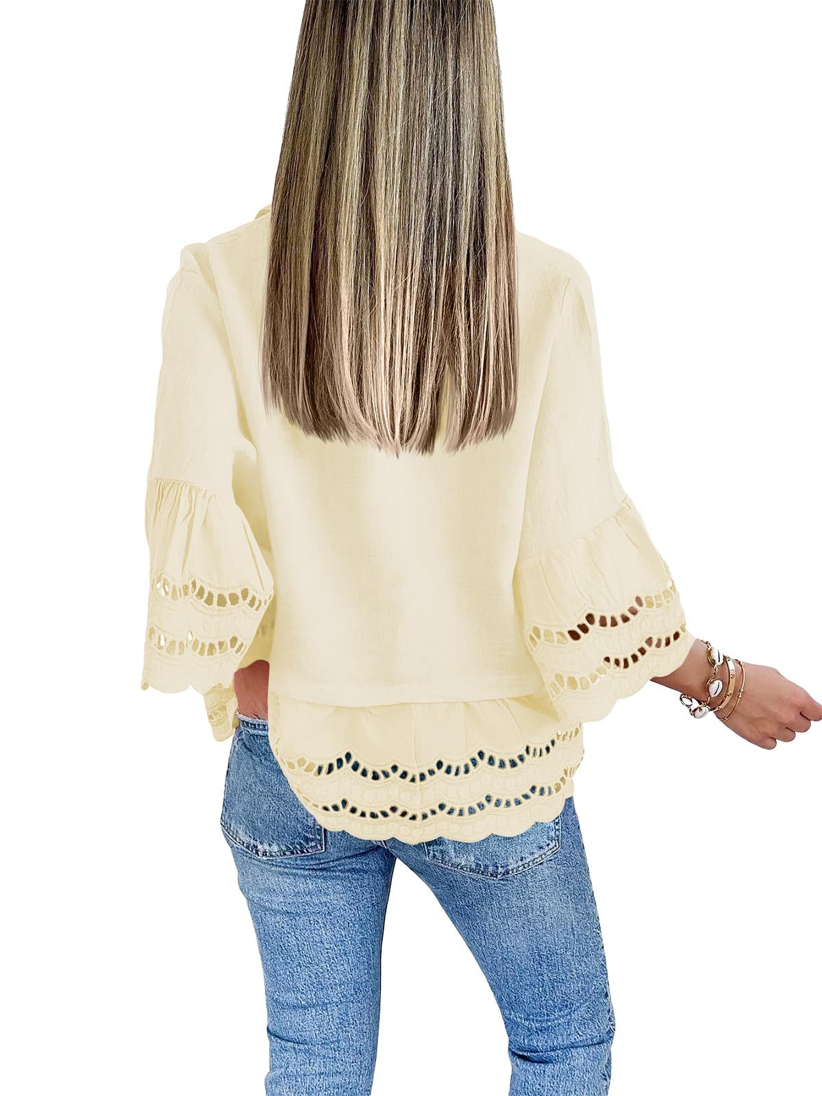 2024 Chic Ruffle Hem Blouse with Hollow Out Design(Buy 2 Free Shipping）