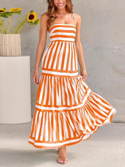 Women Striped Backless  Long Flowy Dress