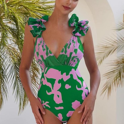 Women Adjustable Shoulder Strip Plant Prints One Piece Swimsuit and Skirt/Sarong