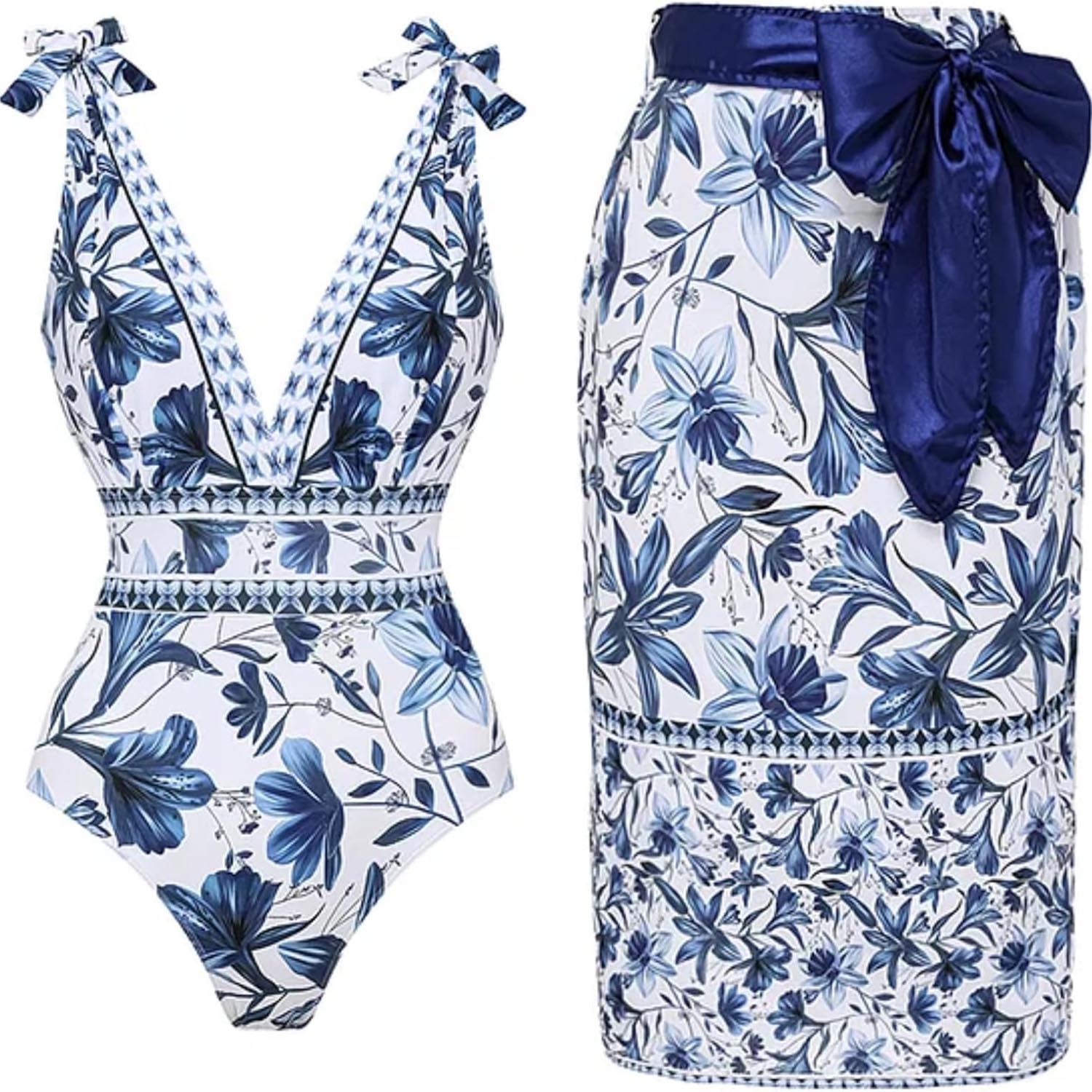 Women Adjustable Shoulder Strip Plant Prints One Piece Swimsuit and Skirt/Sarong