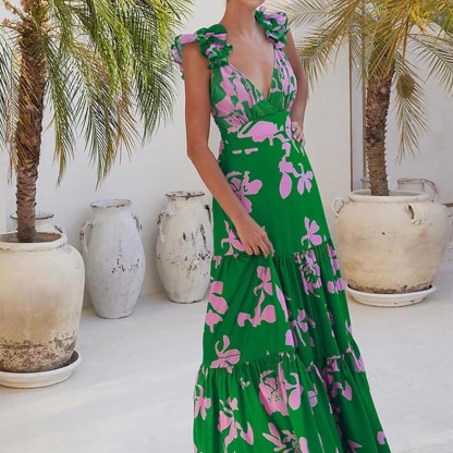 Women Adjustable Shoulder Strip Plant Prints One Piece Swimsuit and Skirt/Sarong