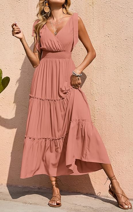 New🔥Women's Cross Neck Summer Sleeveless Tiered Maxi Dress💝-hivebabe.com
