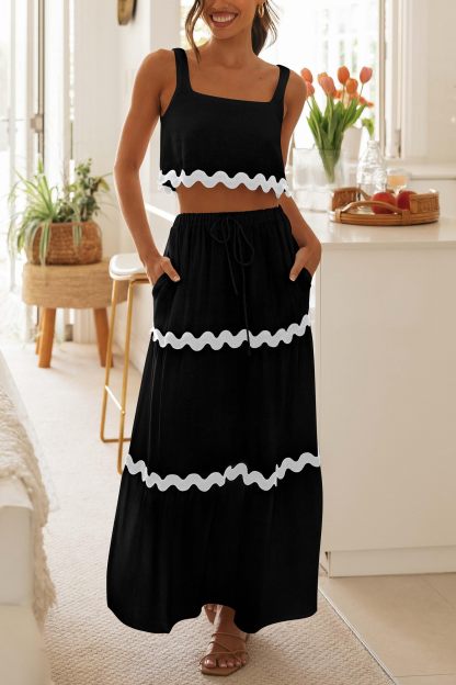 Women's Casual Sleeveless Cropped Tank Top High Waisted Maxi Skirt Set