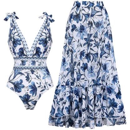 Women Adjustable Shoulder Strip Plant Prints One Piece Swimsuit and Skirt/Sarong